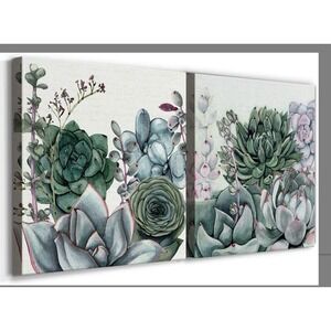 Succulent Botanical Canvas Wall Art Set 2 Green Plant Prints 16x16 Gallery Wrap